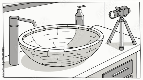 Bathroom sink camera on tripod soap dispenser modern design illustration product photography interior design home decor graphic design minimalist style clean lines simple design bathr.