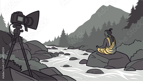 Camera capturing a person meditating by a river in a mountainous landscape.