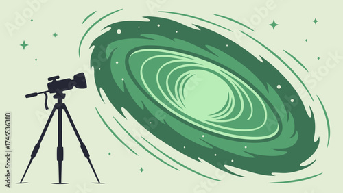 Camera on tripod photographing a swirling galaxy abstract space art cosmic design green nebula illustration.