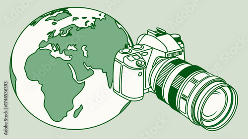 Camera with Earth Globe Photography Travel World Green Illustration.