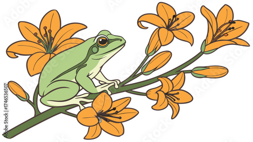 Cartoon Green Frog Sitting on Orange Lily Branch Nature Illustration Cute Amphibian Animal Floral Design Spring Theme Childrens Book Illustration.