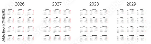 Set of 2026, 2027, 2028. 2029 calendar start from Monday. English UK Vector template. Full months for wall calendar. isolated background