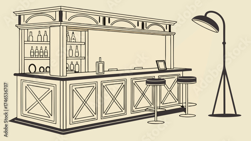 Classic Bar Counter Design with Stools and Floor Lamp Line Art Illustration.