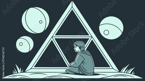 Contemplative Figure in Triangular Structure with Celestial Bodies Illustration Vector Art Graphic Design Mystical Scene.