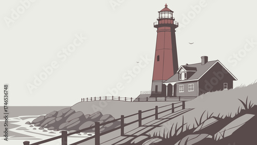 Coastal Lighthouse and Keepers House Seascape Illustration.