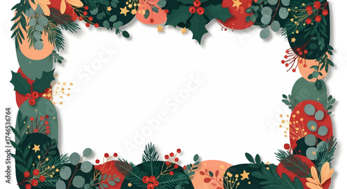 Elegant Holiday Season Decorative Frame Illustration with Traditional Winter Foliage, Holly Berries, and Ornaments – Ideal for Greeting Cards and Festive Invitations