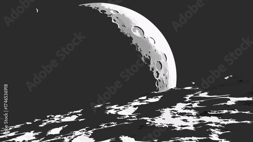 Crescent Moon over a Dark Rocky Landscape Abstract Space Art Illustration.