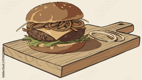 Delicious Cheeseburger on Wooden Cutting Board Fast Food Illustration Menu Design Restaurant Graphic.