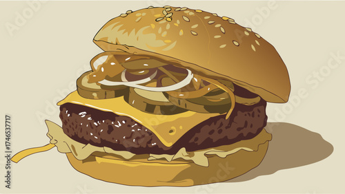 Delicious Cheeseburger with Sesame Seed Bun and Caramelized Onions Illustration.
