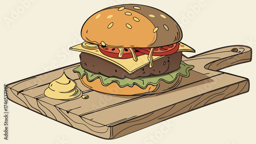 Delicious Double Decker Cheeseburger on Wooden Board Fast Food Menu Illustration Restaurant Graphic.