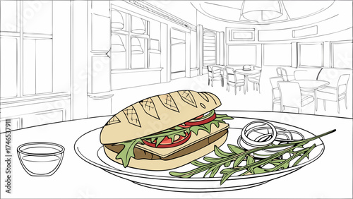 Delicious Sub Sandwich on Plate in Restaurant Setting.