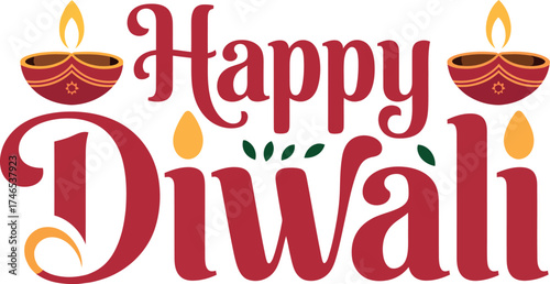 Happy diwali greeting card with two lit oil lamps isolated on white background