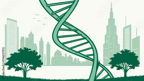 DNA double helix structure over cityscape modern city skyline green trees environmental science genetic engineering biotechnology illustration.