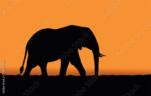 Elephant Silhouette at Sunset, Wildlife Scene with Vibrant Sky and Serene, elephant silhouette, sunset landscape, African wildlife,