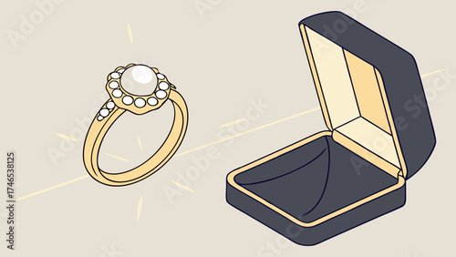 Elegant Pearl Ring in Jewelry Box Luxury Accessory Wedding Engagement Gift Illustration.