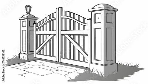Entrance Gate with Pillars and Lights Architectural Design Illustration.