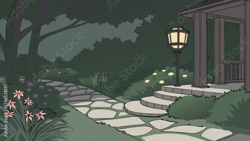 Evening Garden Path with Stone Walkway and Illuminated Porch.