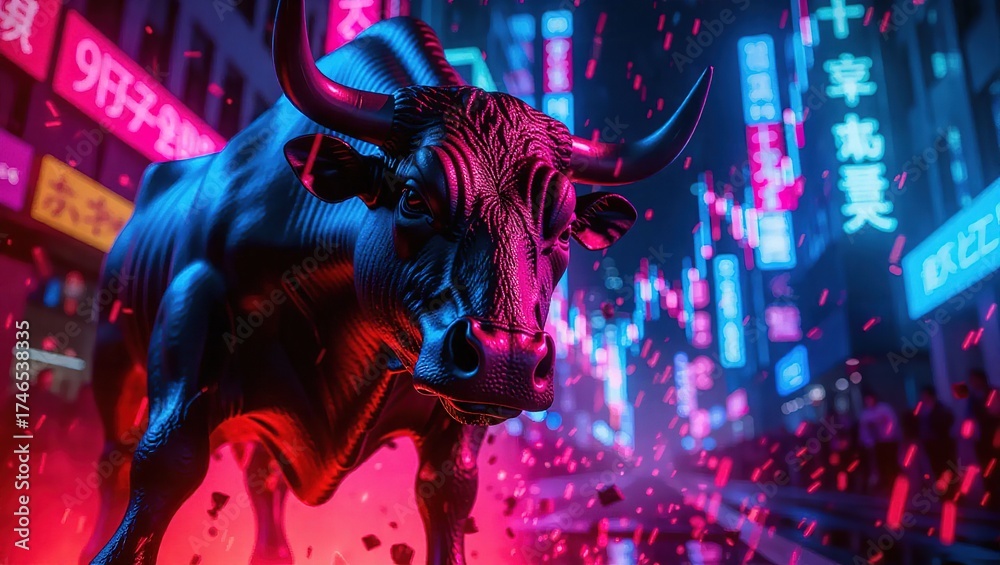 Fototapeta premium Powerful Bull Statue in Neon Lit Cyberpunk Cityscape at Night.