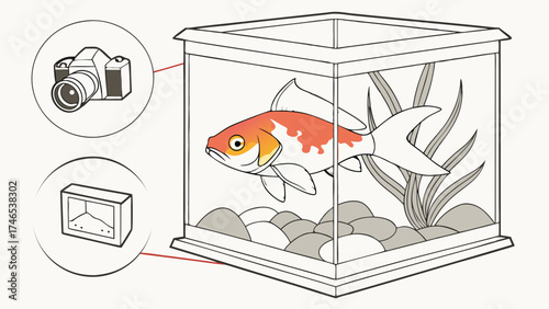 Fish in a Glass Tank Aquarium Illustration Pet Photography Concept Graphic Design Element.