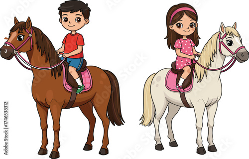 Cartoon children riding horses, boy and girl, colorful illustration, outdoor activity, animal interaction, fun, pony ride, playful, cheerful