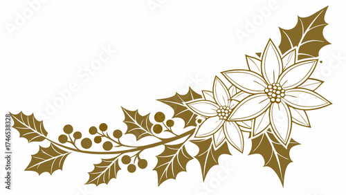 Floral corner design winter flowers holiday decoration Christmas ornament gold poinsettia holly leaves berries festive illustration elegant botanical holiday background seasonal graphic.