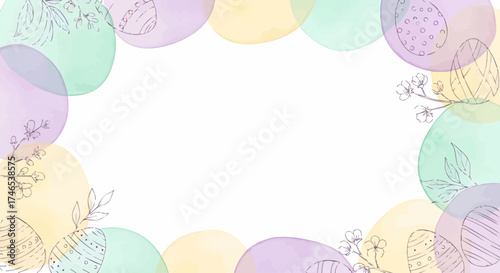 A lovely pastel watercolor frame for Easter, featuring hand-drawn decorated eggs and delicate spring flowers, creating a festive holiday border