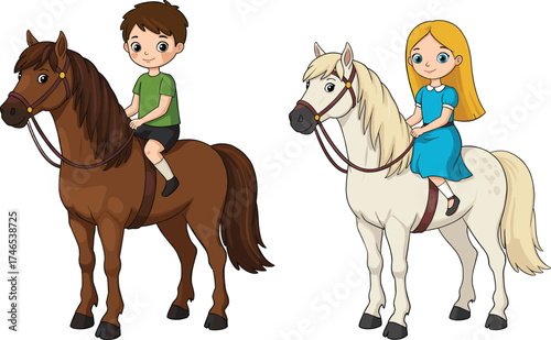 Cartoon children riding horses, boy and girl, colorful illustration, outdoor activity, animal interaction, pony ride, cheerful, playful, saddle, reins