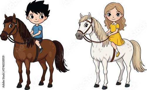 Cartoon children riding horses, boy and girl, colorful illustration, outdoor activity, pony ride, animal interaction, cheerful, playful, saddle, reins