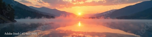 A sunrise over a tranquil lake, mist rising, conveying a sense of calm and inner peace, representing the flow of energy and spiritual awakening , sun, mindfulness