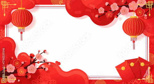 Festive Chinese New Year celebration frame with traditional red lanterns, lucky money envelopes, and blooming plum blossoms