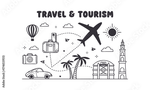 World Trip Outline Icons – Planes, Bags, Maps & Landmarks – Black Vector Set on White, traveling elements, easily editable.