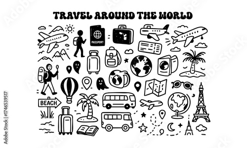  Vacation Planner Doodle Pack – Tickets, Compass, Pins & Transport – Minimal Black Vector on White, Travel elements, easily editable.