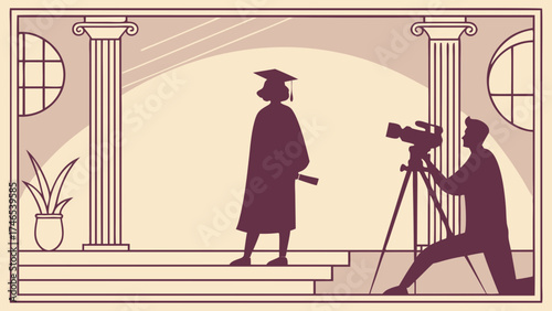 Graduation Ceremony Filmmaking Silhouette Illustration Academic Achievement Video Recording Ceremony Capture Graduate in Cap and Gown Cameraman Classical Architecture Formal Event Achie.