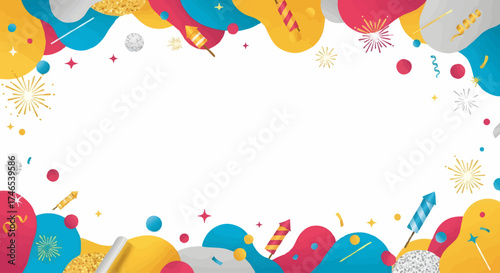 Festive Celebration Border with Abstract Shapes and Fireworks for Invitations and Events