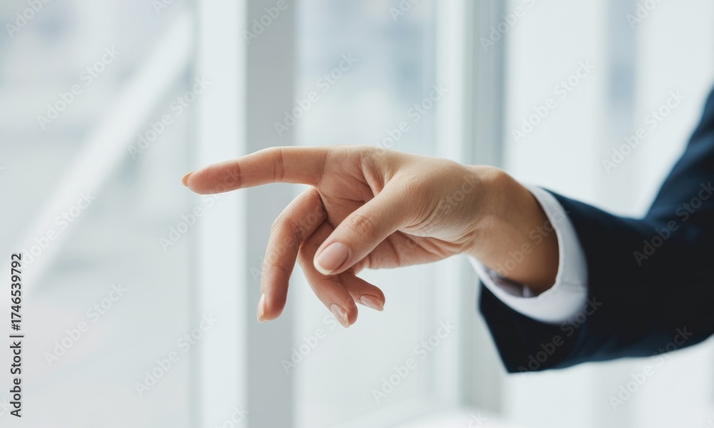 Obraz premium Professional's hand in dark suit gesturing forward against a bright window backdrop