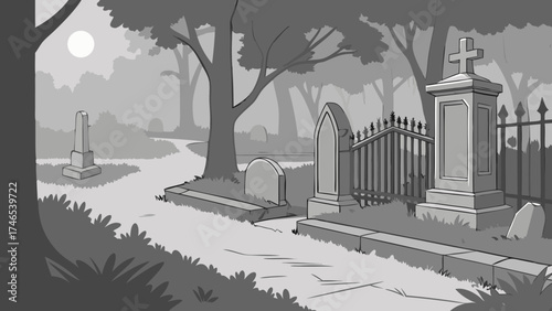 Graveyard scene monochrome illustration spooky gothic Halloween cemetery tombstones trees cross gate path nighttime mysterious dark scary spooky background vector illustration gr.
