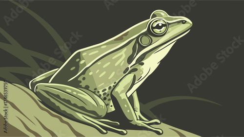Green Frog Illustration Amphibian Art Nature Design Wildlife Artwork Reptile Graphic Vector Image Animal Portrait Green Amphibian Frog on Log Nature Background Wildlife Photography Styl.
