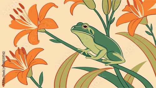 Green Frog on Orange Lily Stems Nature Illustration Amphibian Floral Design.