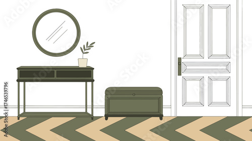 A drawing of an entryway with a console table, mirror, chest, plant and a white door on a chevron floor