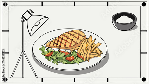 Grilled Fish Dish with French Fries and Salad Studio Food Photography Illustration.