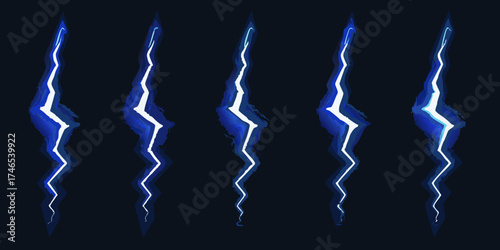 Collection of five stylized blue lightning bolt illustrations on a dark background