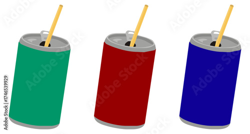 Soda Can with Straw. green red & blue.