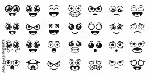 Collection of cartoon emoji faces expressing various emotions and moods in a simple black and white vector style