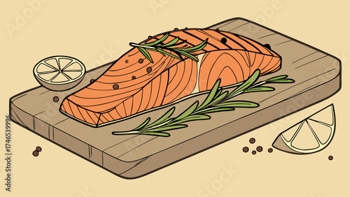 Grilled Salmon Fillet with Lemon and Rosemary on Wooden Board Illustration.