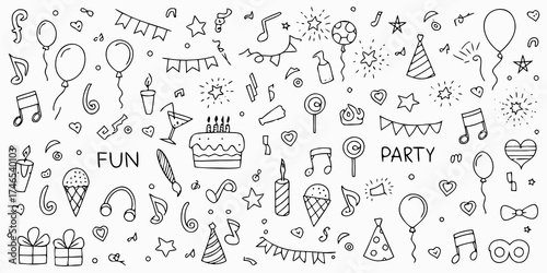 Whimsical hand drawn doodle elements for birthday party celebration and fun