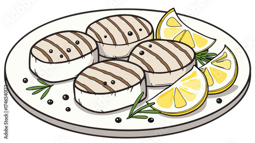 Grilled Seafood with Lemon and Herbs on a Plate.