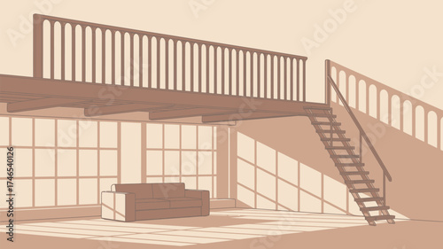 Illustration of a loft apartment with stairs, large windows, and a couch in a sepia color scheme