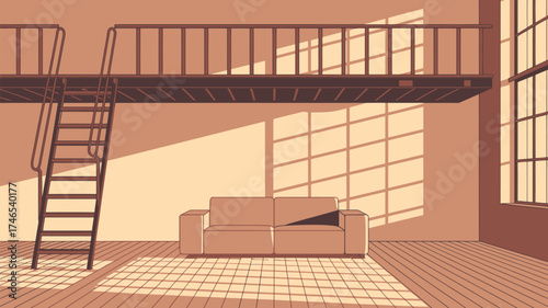 A room with a couch and a ladder leading to a loft area with sunlight shining through a window pattern