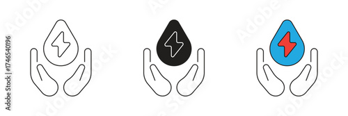 Electric power water in hand icon set. Vector icon of a hand holding electric power water.