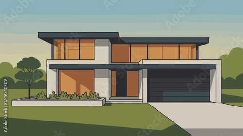 A modern house with large windows and a garage surrounded by trees and a green lawn in daylight